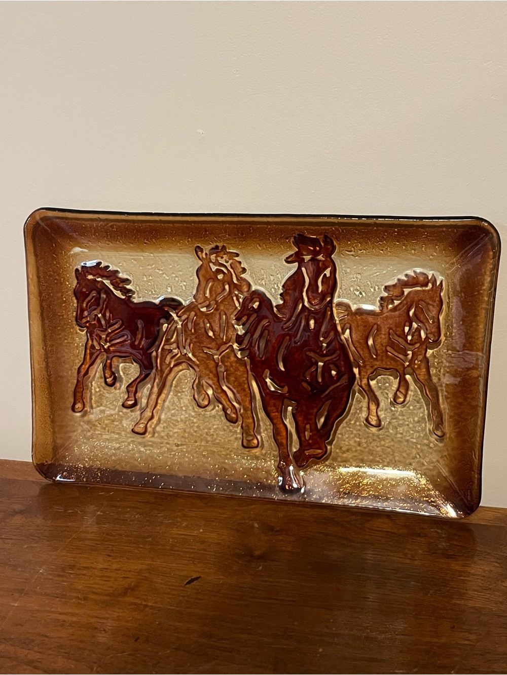 Cracker Barrel Western Horses Running Glass Serving Tray Rodeo Farmhouse Rustic